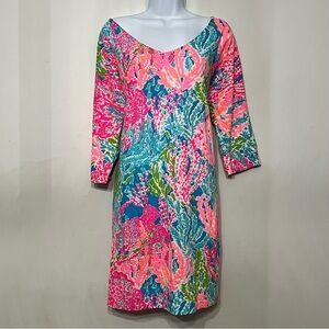 Lilly Pulitzer Dress Let’s Cha Cha Eliza 3/4 Sleeve Bright Coral Mini Cotton XL
